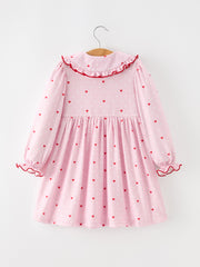 Girls Valentine's Day Pink Heart Print Ruffle Collar Dress
