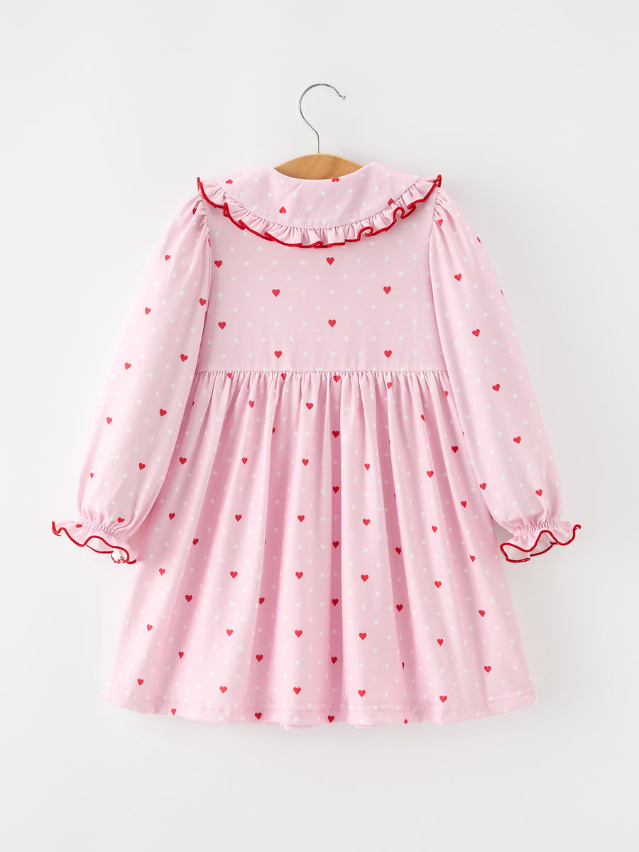 Girls Valentine's Day Pink Heart Print Ruffle Collar Dress