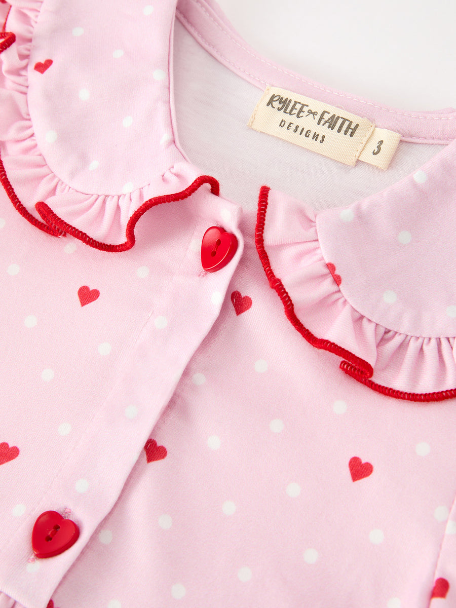 Girls Valentine's Day Pink Heart Print Ruffle Collar Dress