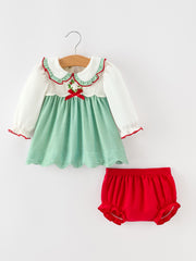 Baby Girls Christmas Green Plaid Embroidered Dress Top & Bloomer Set