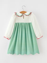 Girls Christmas Green Plaid Embroidered Long Sleeve Dress