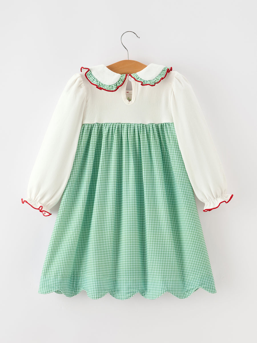 Girls Christmas Green Plaid Embroidered Long Sleeve Dress