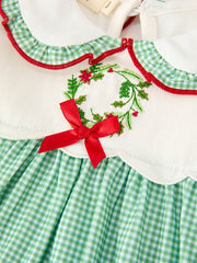Girls Christmas Green Plaid Embroidered Long Sleeve Dress