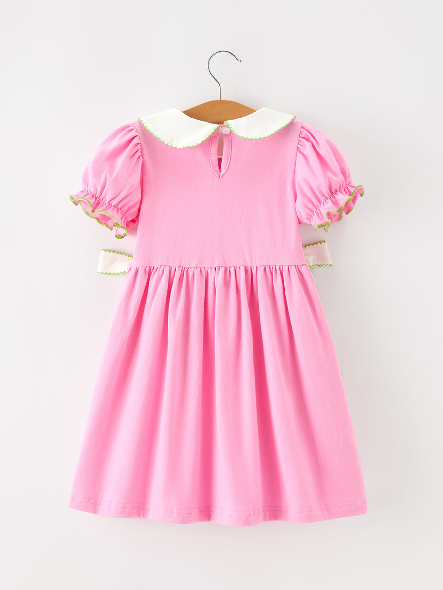 Girls Christmas Pink Bow & Christmas Tree Peter Pan Collar Dress