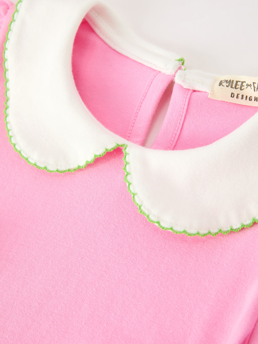 Girls Christmas Pink Bow & Christmas Tree Peter Pan Collar Dress