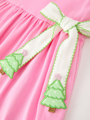 Girls Christmas Pink Bow & Christmas Tree Peter Pan Collar Dress