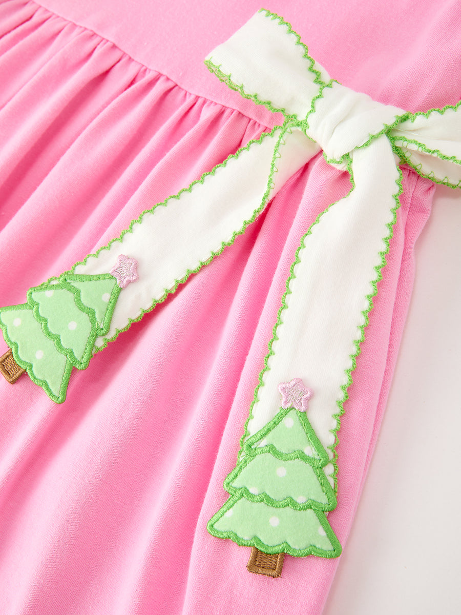 Girls Christmas Pink Bow & Christmas Tree Peter Pan Collar Dress