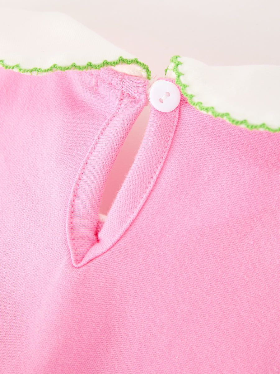 Girls Christmas Pink Bow & Christmas Tree Peter Pan Collar Dress