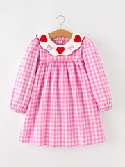 Girls Valentine's Day Pink Plaid Heart & Bow Collar Dress