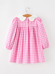 Girls Valentine's Day Pink Plaid Heart & Bow Collar Dress