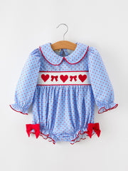Baby Girls Valentine's Day Blue Heart & Bow Smocked Bubble Romper