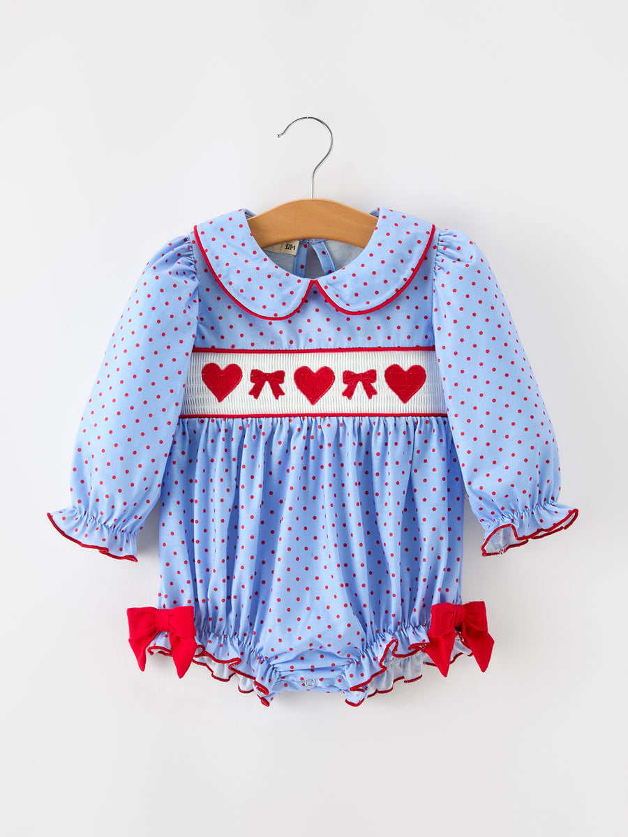 Baby Girls Valentine's Day Blue Heart & Bow Smocked Bubble Romper