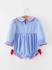 Baby Girls Valentine's Day Blue Heart & Bow Smocked Bubble Romper