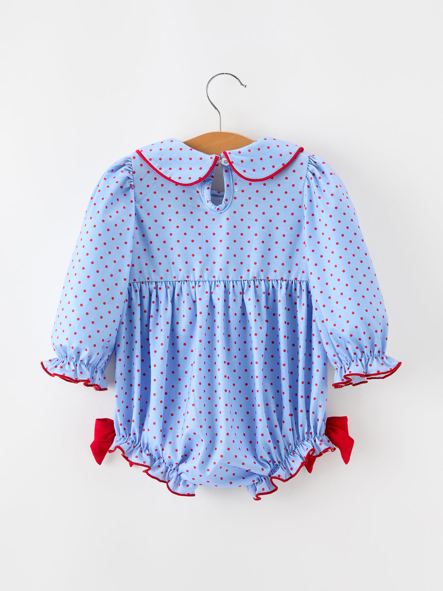 Baby Girls Valentine's Day Blue Heart & Bow Smocked Bubble Romper