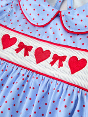 Baby Girls Valentine's Day Blue Heart & Bow Smocked Bubble Romper