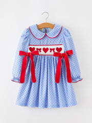 Girls Valentine's Day Blue Heart & Bow Smocked Dress