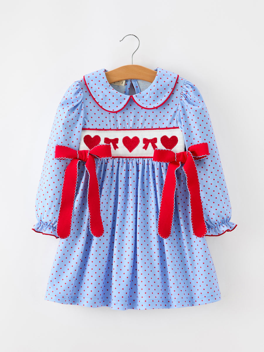 Girls Valentine's Day Blue Heart & Bow Smocked Dress