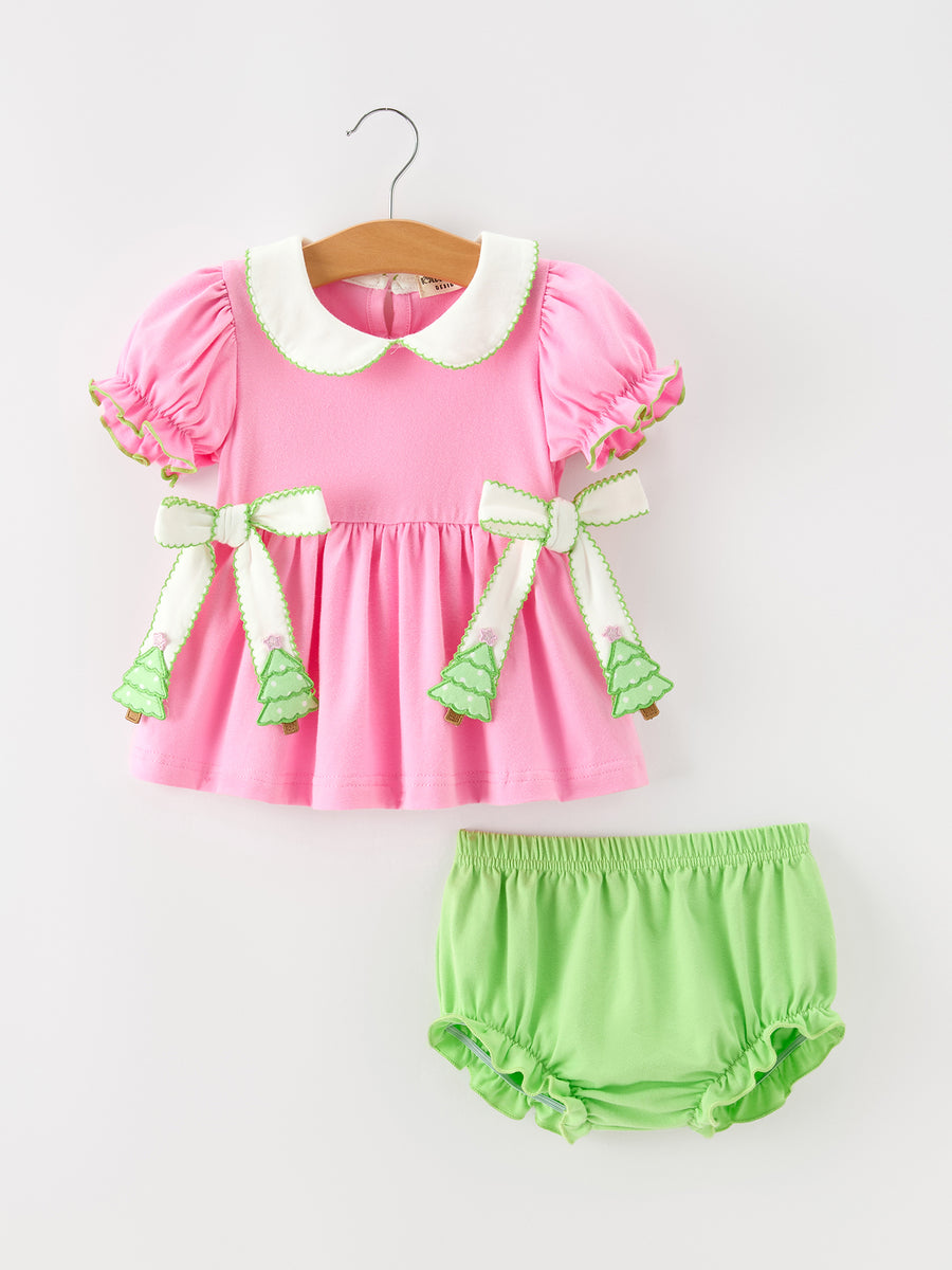 Baby Girls Christmas Pink Bow Christmas Tree Top & Bloomer Set