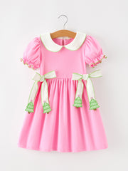 Girls Christmas Pink Bow & Christmas Tree Peter Pan Collar Dress