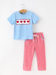 Boys Valentine's Day Blue Smocked Heart T-Shirt & Red Plaid Pants Set