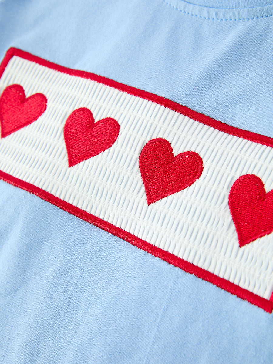 Boys Valentine's Day Blue Smocked Heart T-Shirt & Red Plaid Pants Set