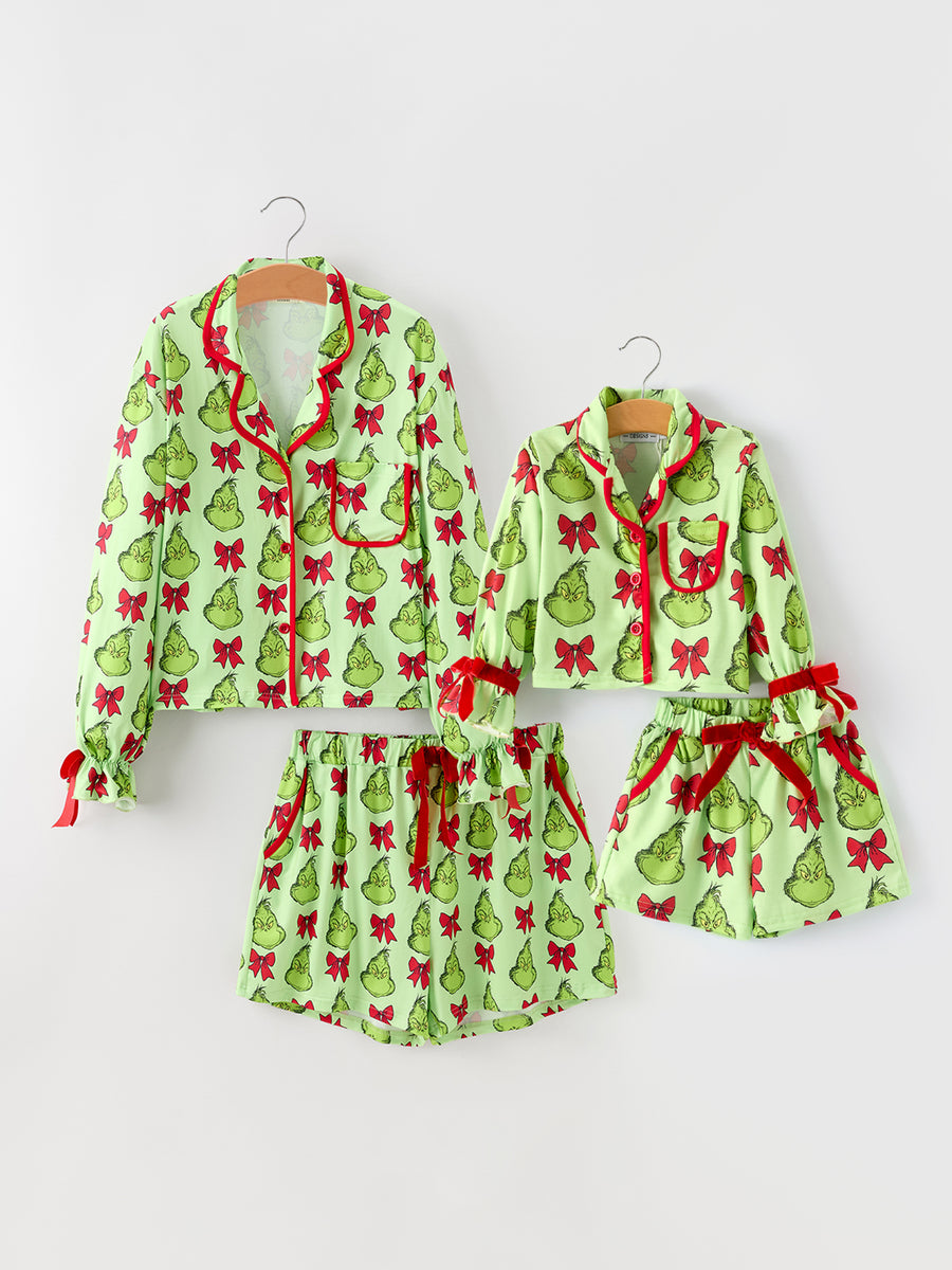 Mommy And Me Christmas  Character Bow Print Girls Pajama Set