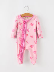 Valentine’s Day Baby Girls Pink Heart Print Ruffle Footed Romper
