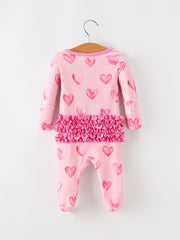 Valentine’s Day Baby Girls Pink Heart Print Ruffle Footed Romper