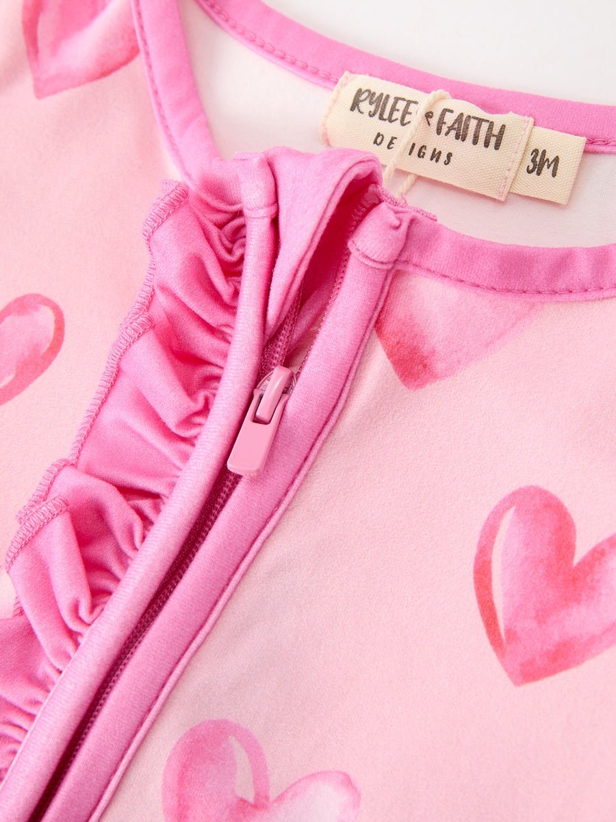 Valentine’s Day Baby Girls Pink Heart Print Ruffle Footed Romper