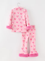 Valentine’s Day Girls Pink Heart Print Faux Fur Trim Pajama Set