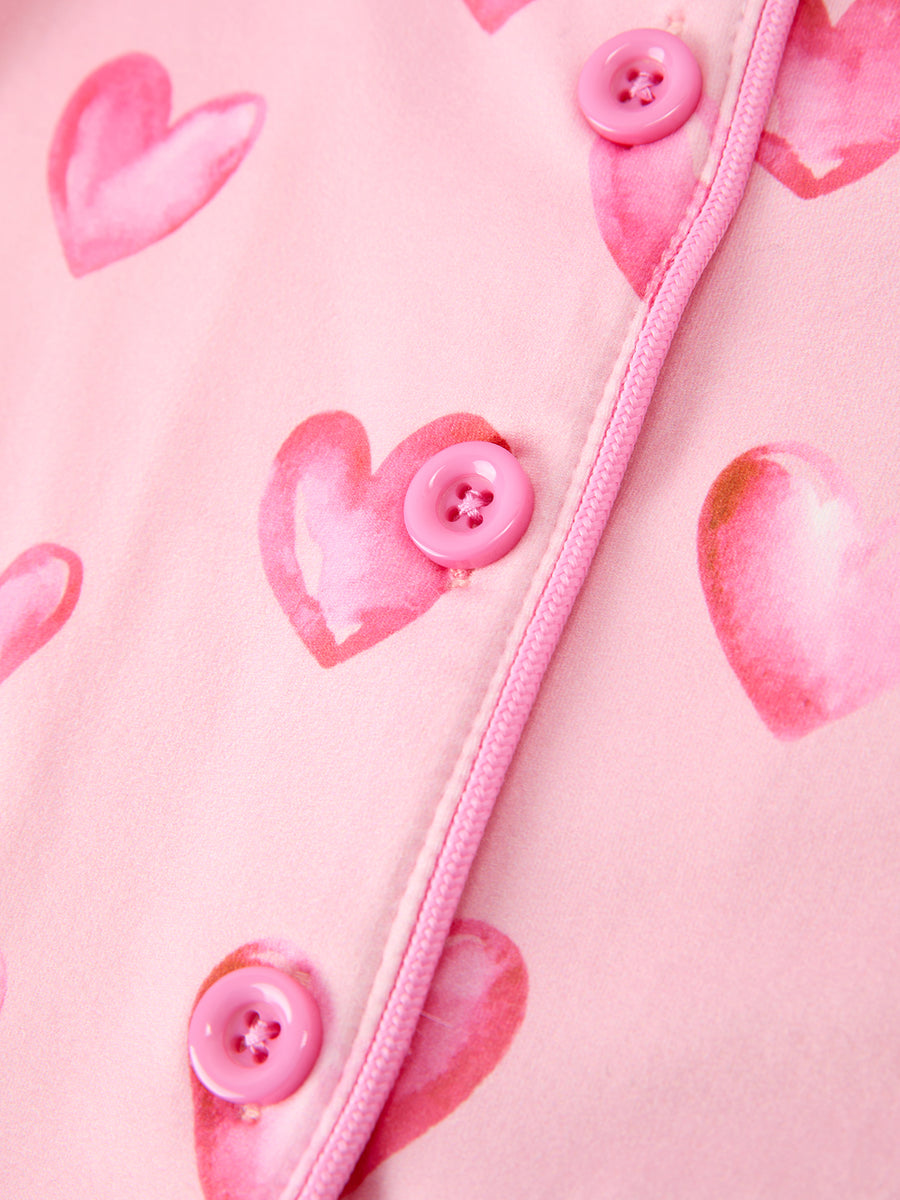 Valentine’s Day Girls Pink Heart Print Faux Fur Trim Pajama Set