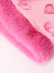 Valentine’s Day Girls Pink Heart Print Faux Fur Trim Pajama Set