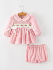 Fall Girls Pink Floral Smocked Bow Scallop Bloomer Set