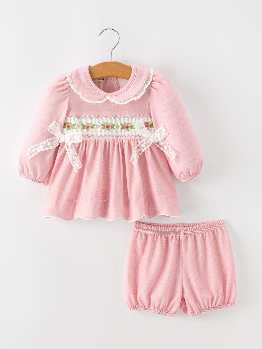 Fall Girls Pink Floral Smocked Bow Scallop Bloomer Set