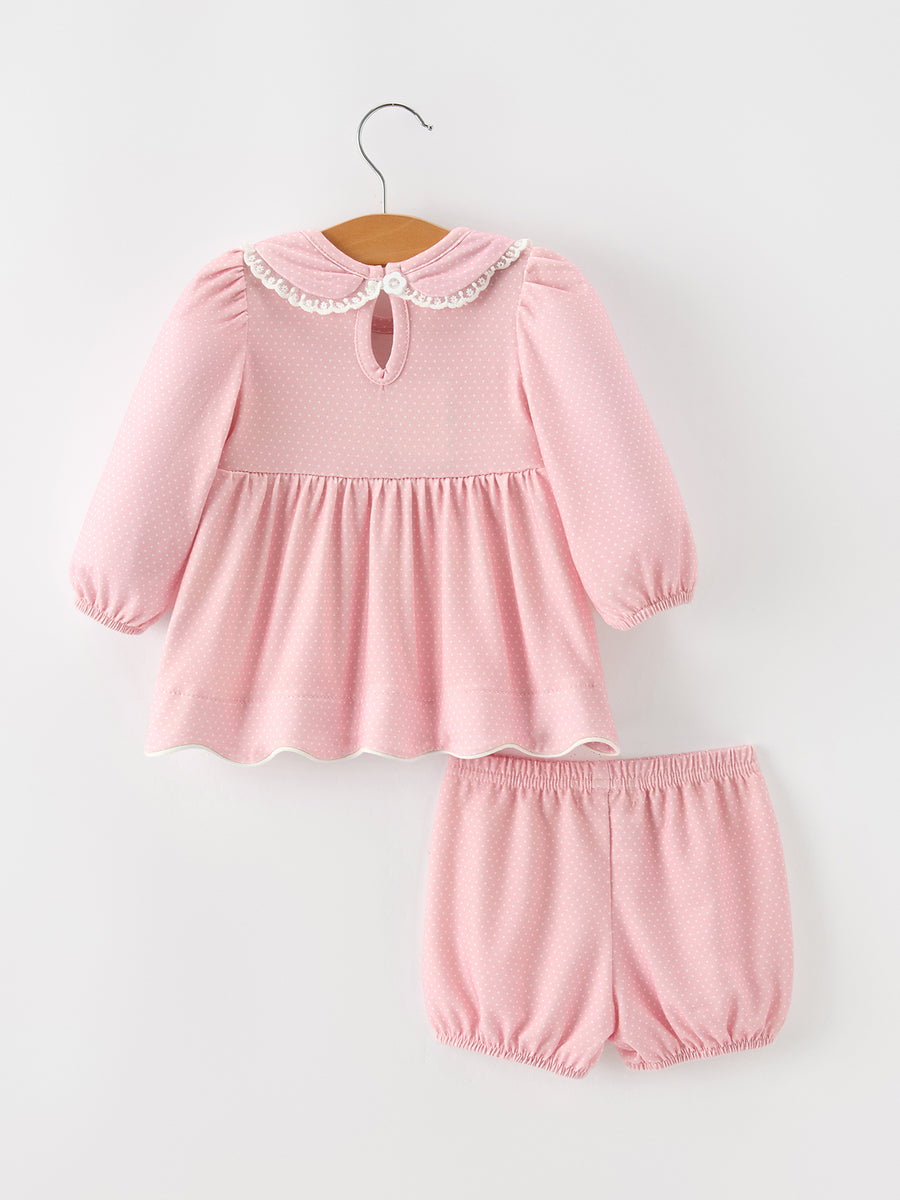 Fall Girls Pink Floral Smocked Bow Scallop Bloomer Set