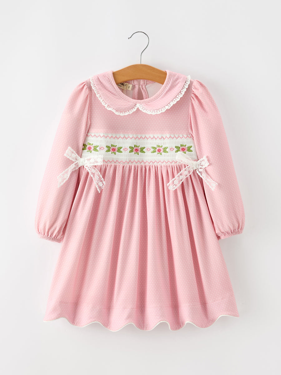 Fall Girls Pink Floral Smocked Bow Scallop Dress