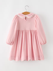 Fall Girls Pink Floral Smocked Bow Scallop Dress