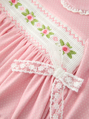 Fall Girls Pink Floral Smocked Bow Scallop Dress