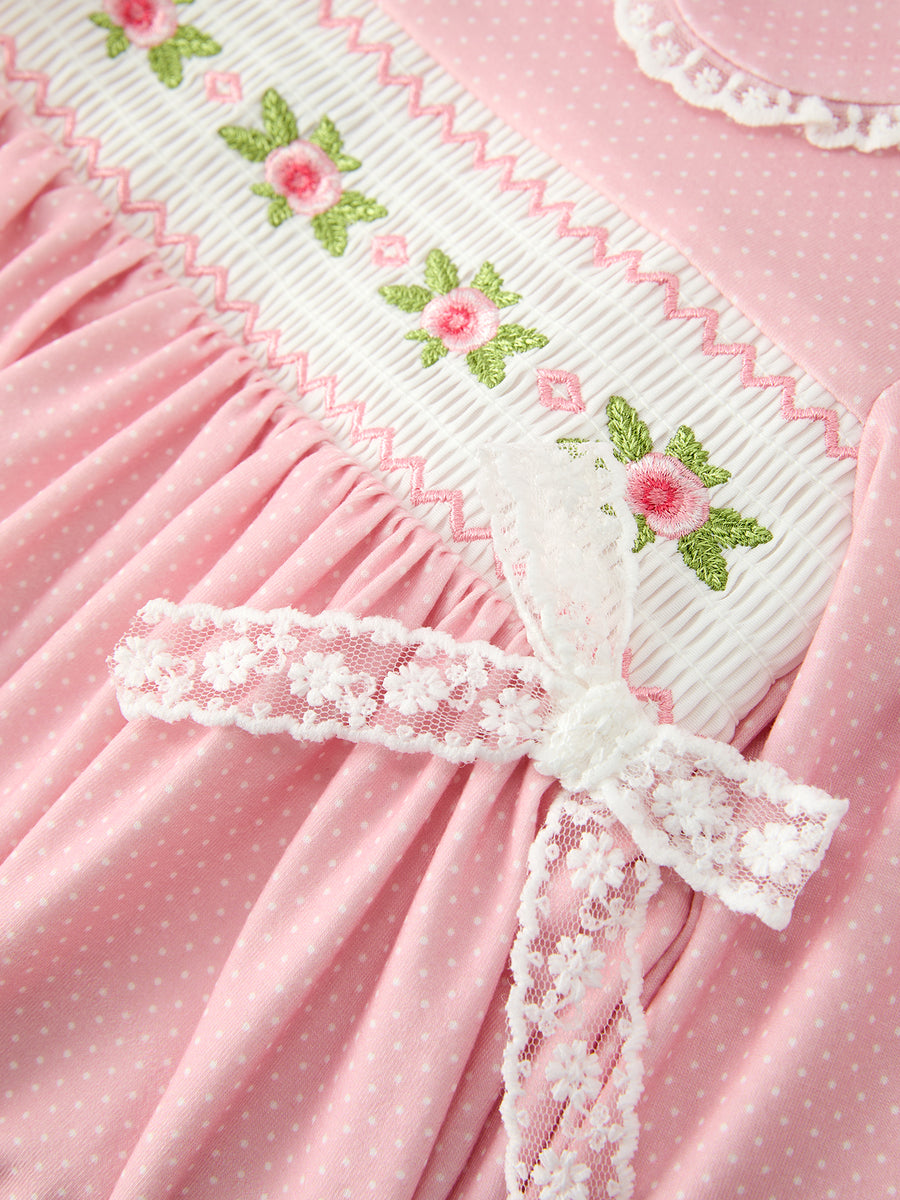 Fall Girls Pink Floral Smocked Bow Scallop Dress