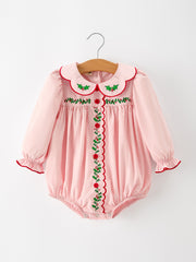 Baby Girls Christmas Pink Holly Embroidered Romper