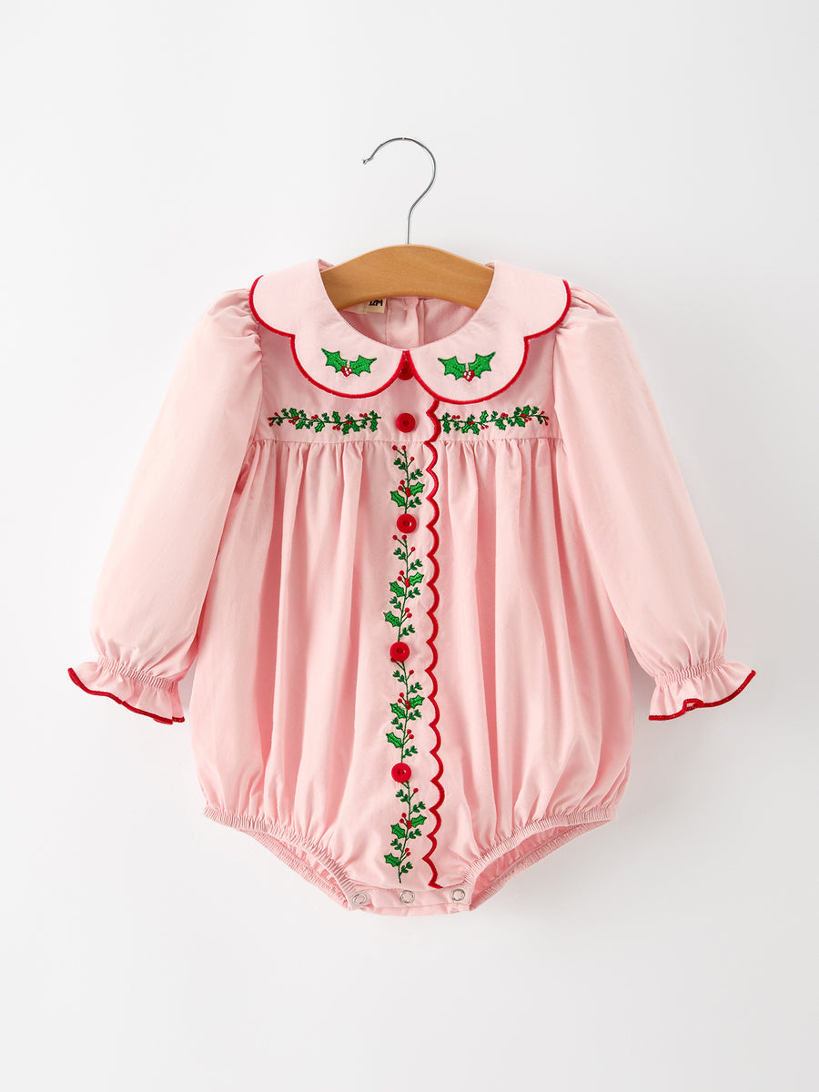 Baby Girls Christmas Pink Holly Embroidered Romper
