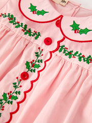 Baby Girls Christmas Pink Holly Embroidered Romper