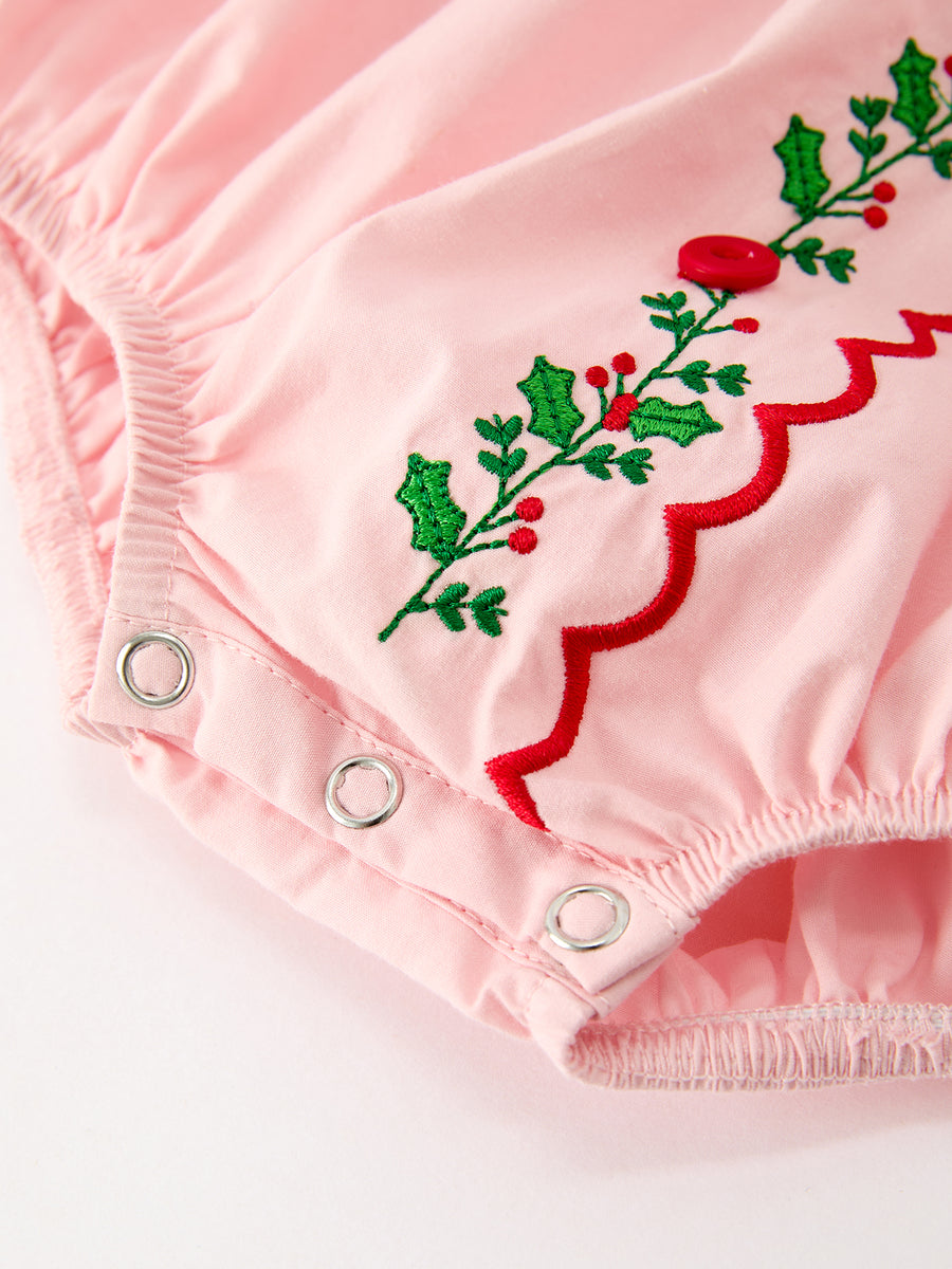 Baby Girls Christmas Pink Holly Embroidered Romper