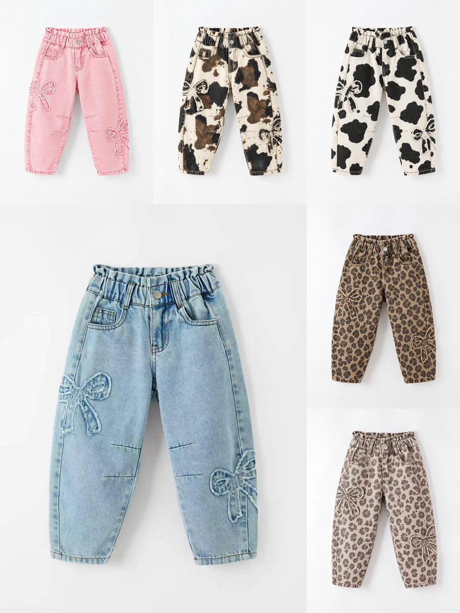 Girls Light Wash Bow Applique Relaxed Denim Jeans