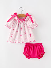 Jesus Loves Me Cross Embroidery Church Christ Bishop Christening Girls Bloomer Set