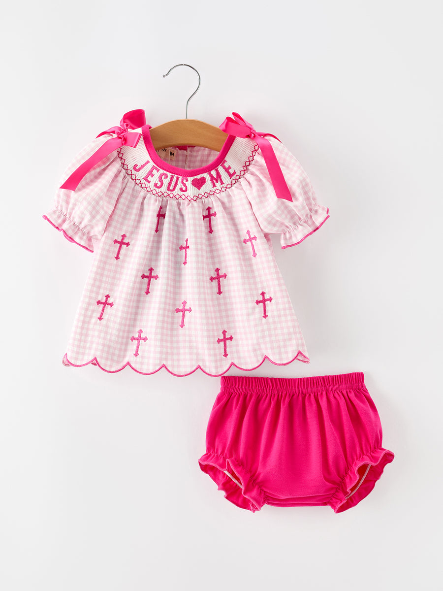 Jesus Loves Me Cross Embroidery Church Christ Bishop Christening Girls Bloomer Set