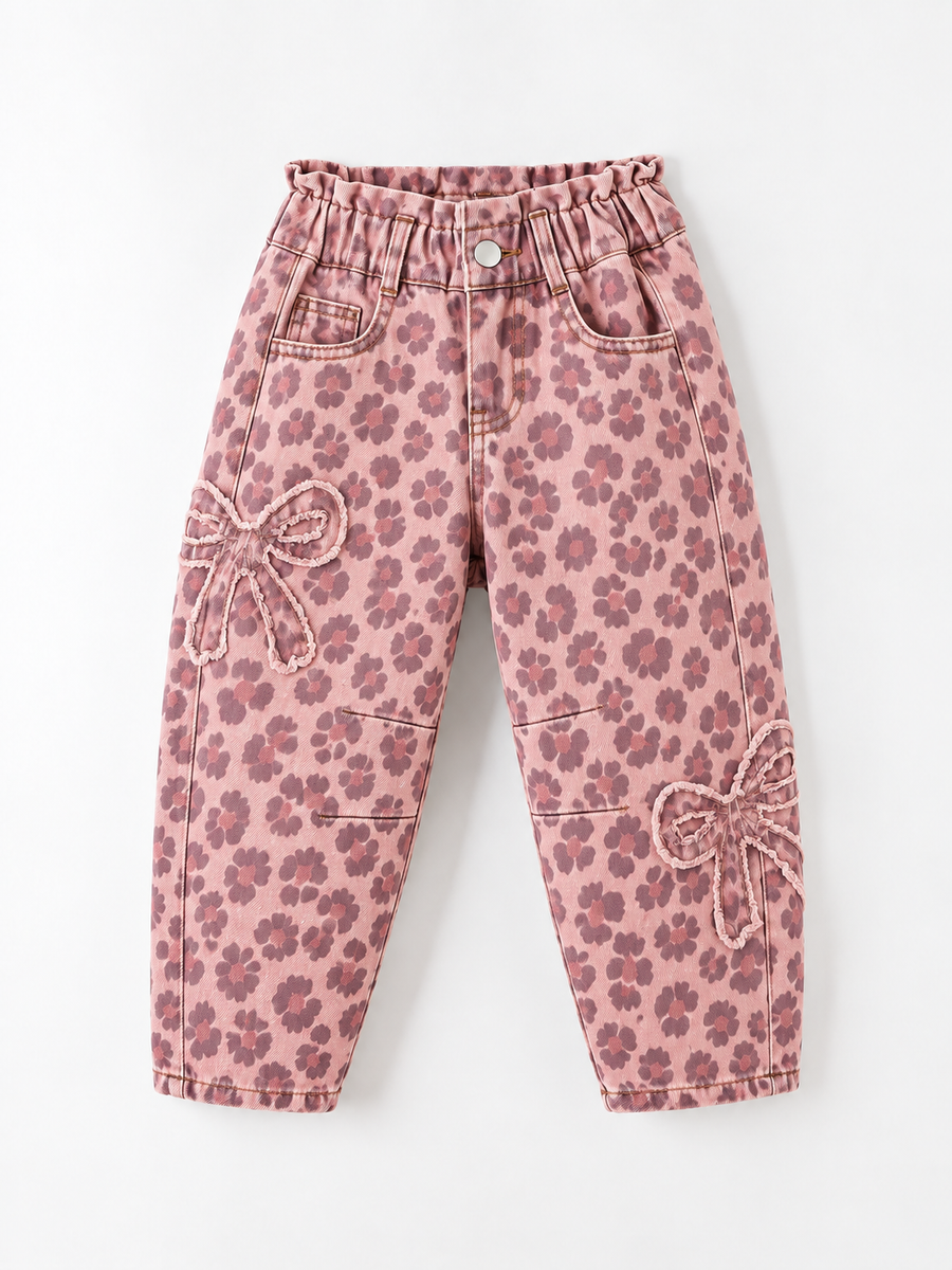 Girls Light Wash Bow Applique Relaxed Denim Jeans