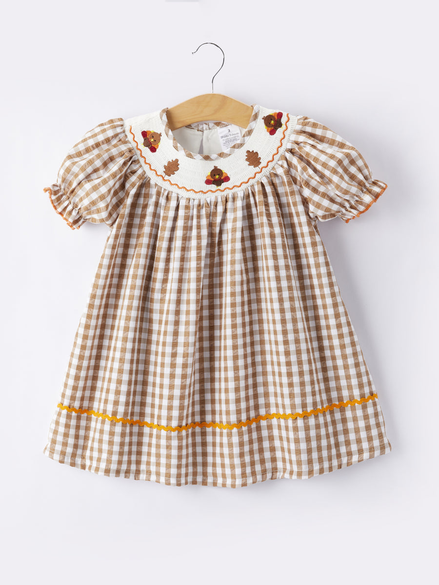 Girls Thanksgiving Turkey Smocking Embroidered Brown Plaid Dress