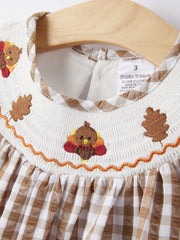 Girls Thanksgiving Turkey Smocking Embroidered Brown Plaid Dress