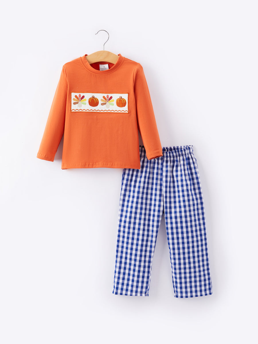 Boys Thanksgiving Smocking Embroidered Plaid Outfit Set